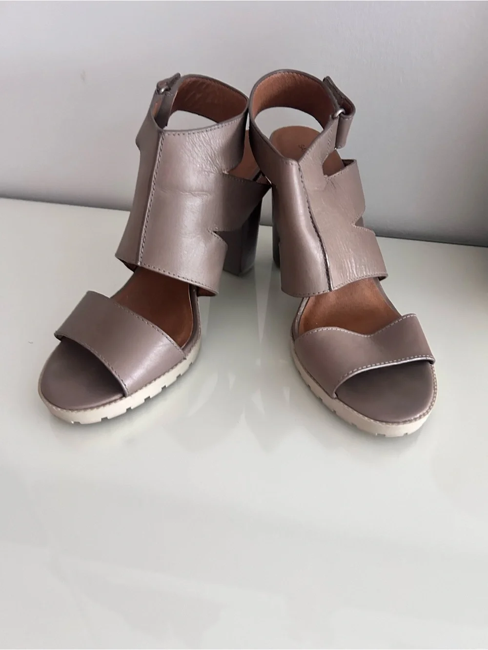 Saks Fifth Avenue Taupe Leather Block Heel Sandals